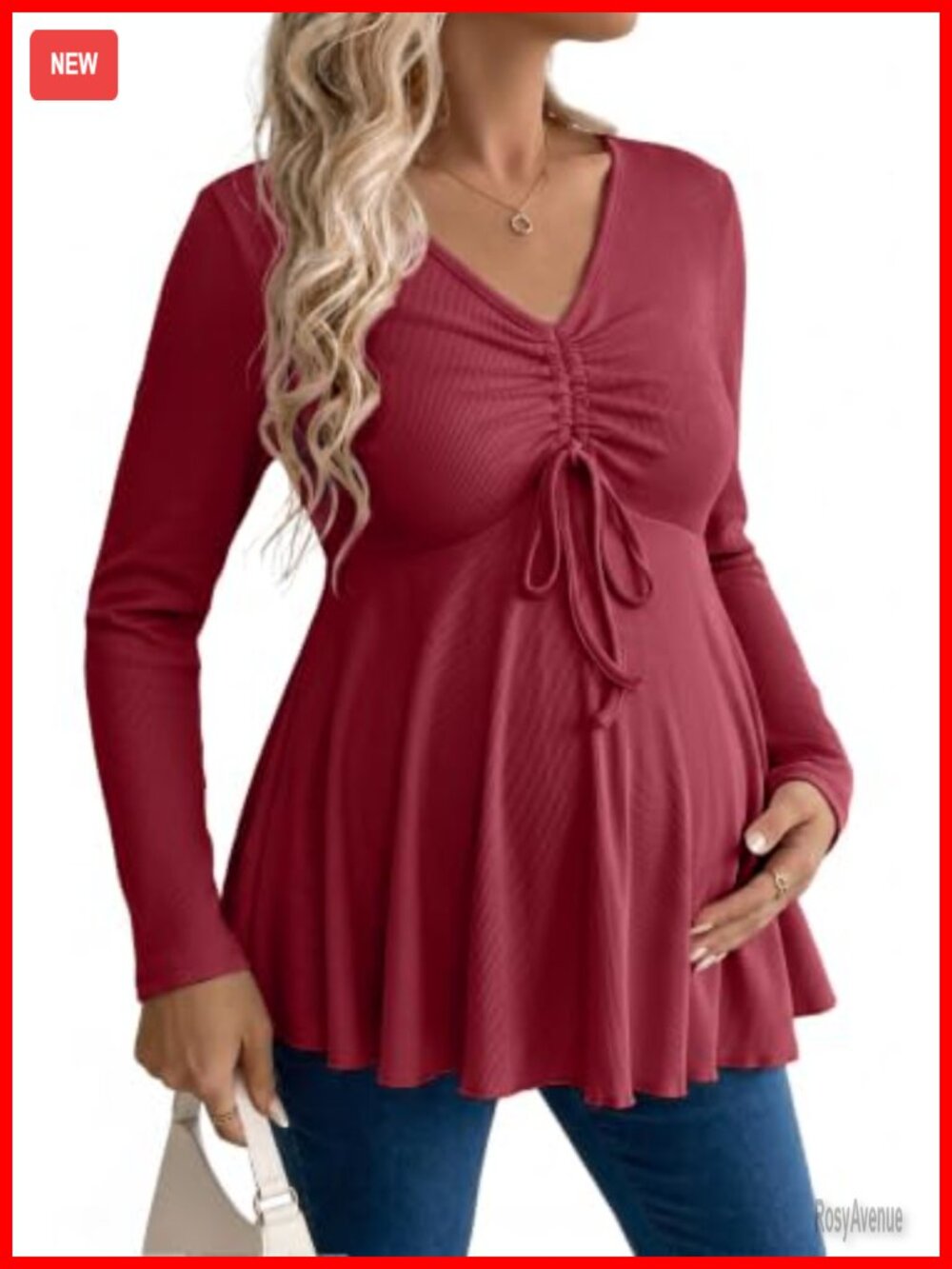 Womens Maternity Long Sleeve Ribbed V Neck Ruched Tunic Top